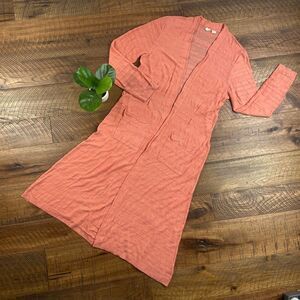 ANTHROPOLOGIE MOTH Large Early Sun Long Woven Cardigan Coral Duster Knit sweater